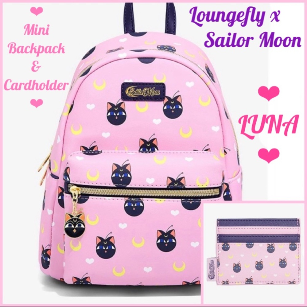 LOUNGEFLY SAILOR MOON LUNA MINI BACKPACK & CARDHOLDER! Kawaii Cat Anime Cute Set